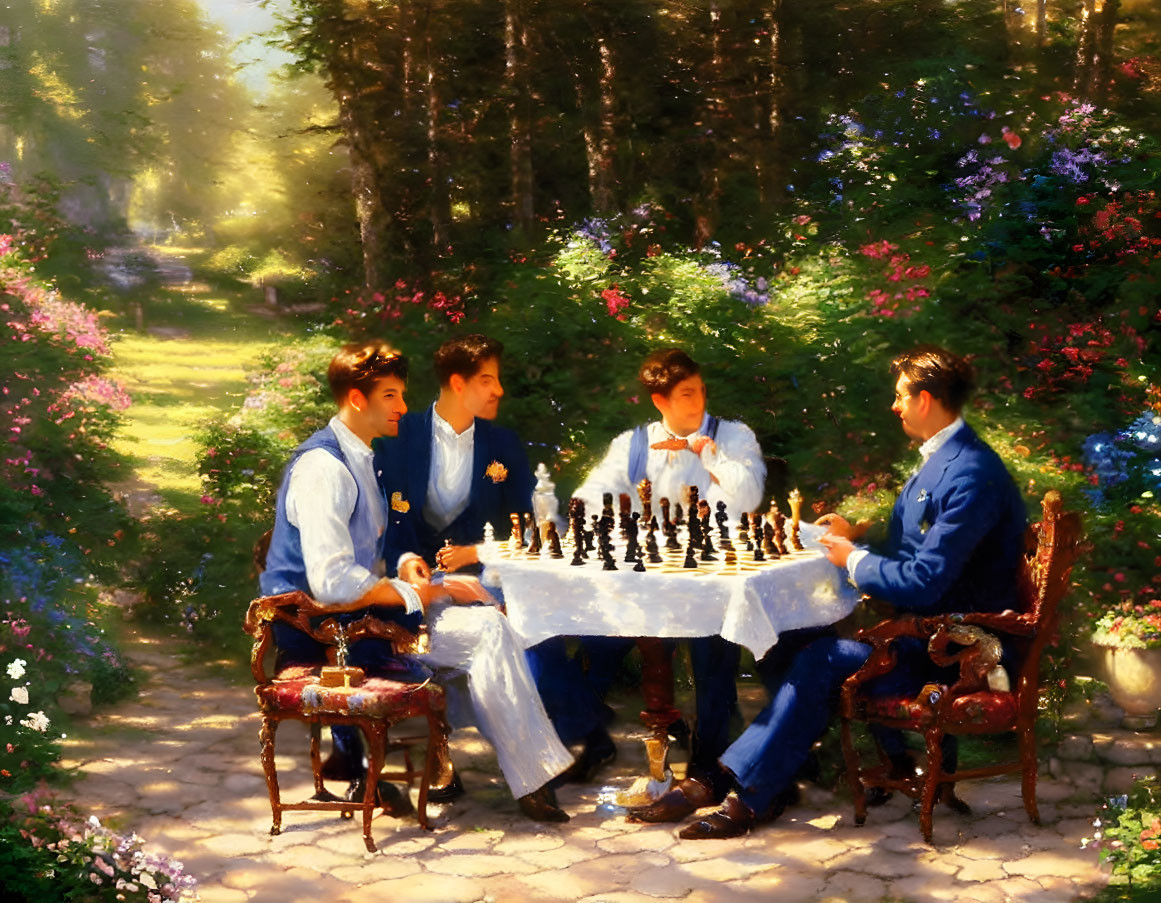 Vintage Attire Men Playing Chess Outdoors in Lush Greenery