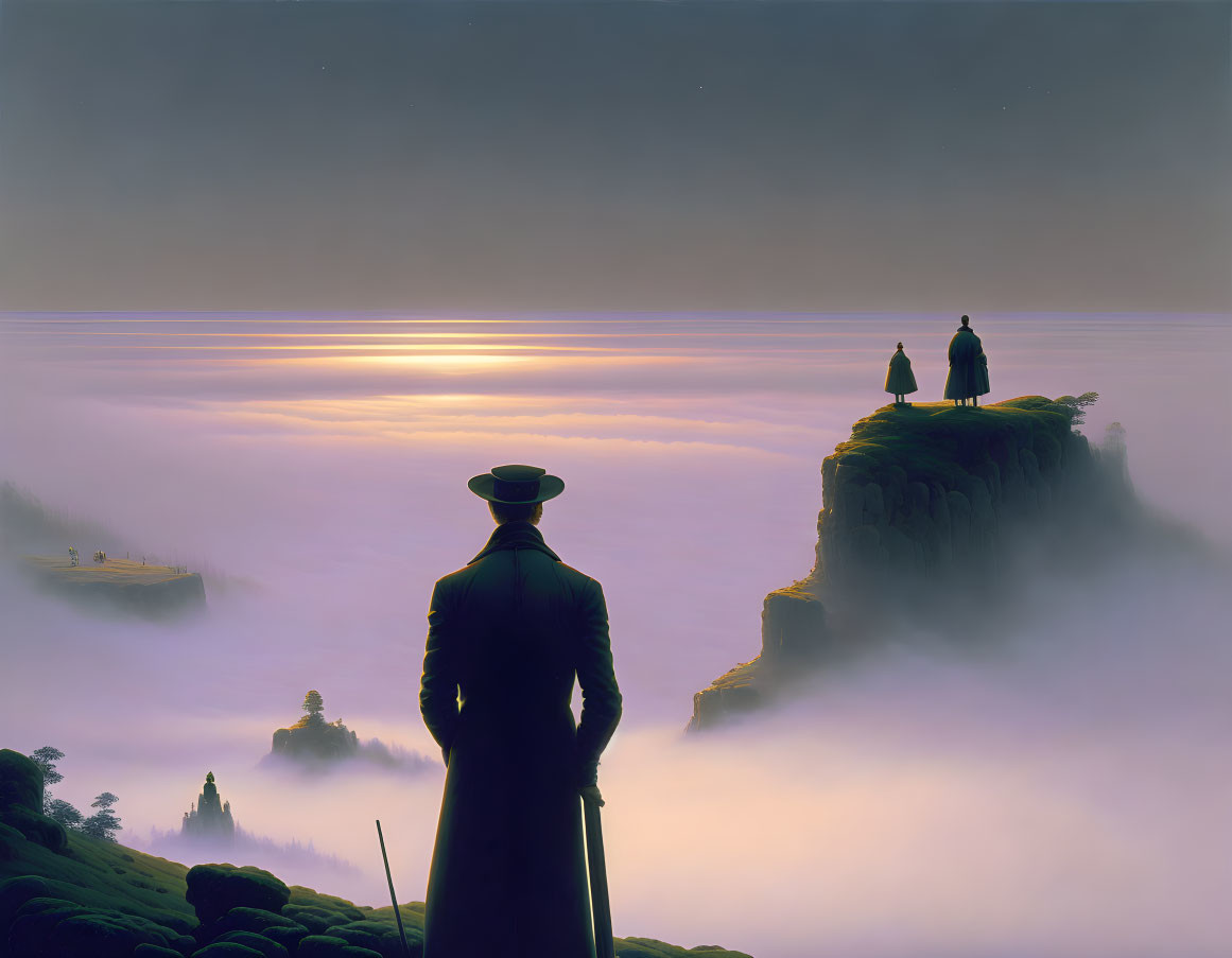 Man in top hat on cliff at sunrise with sea of clouds and distant peaks.