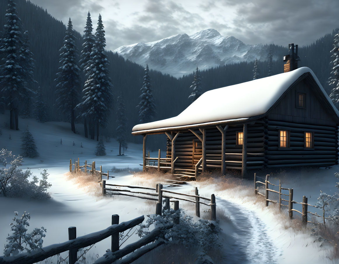 Snow-covered log cabin in serene winter landscape with pine trees, fence, and mountain backdrop at dusk