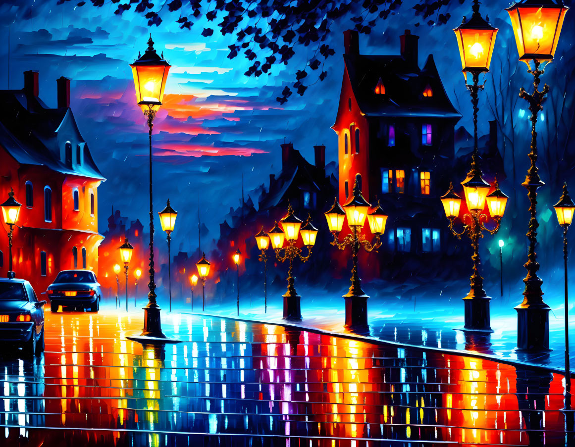 Vibrant night cityscape painting with wet street and glowing street lamps