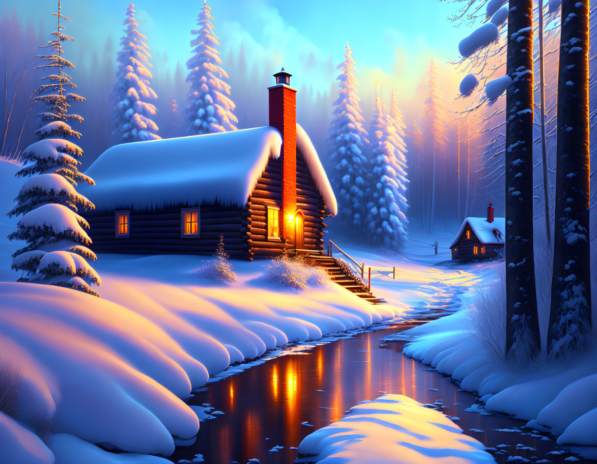 Snow-covered cabin beside frozen river in twilight scene