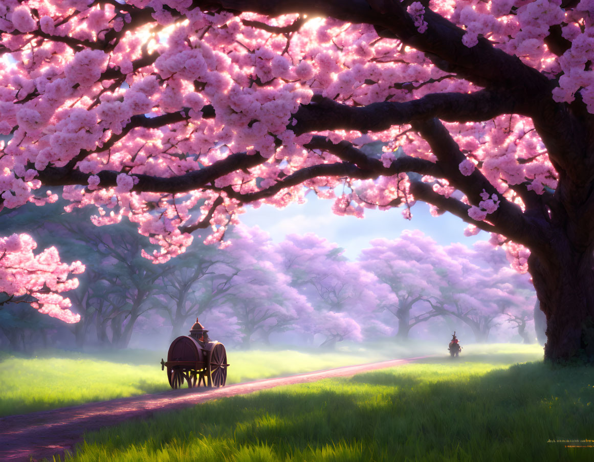 Cherry blossom canopy over horse-drawn carriage