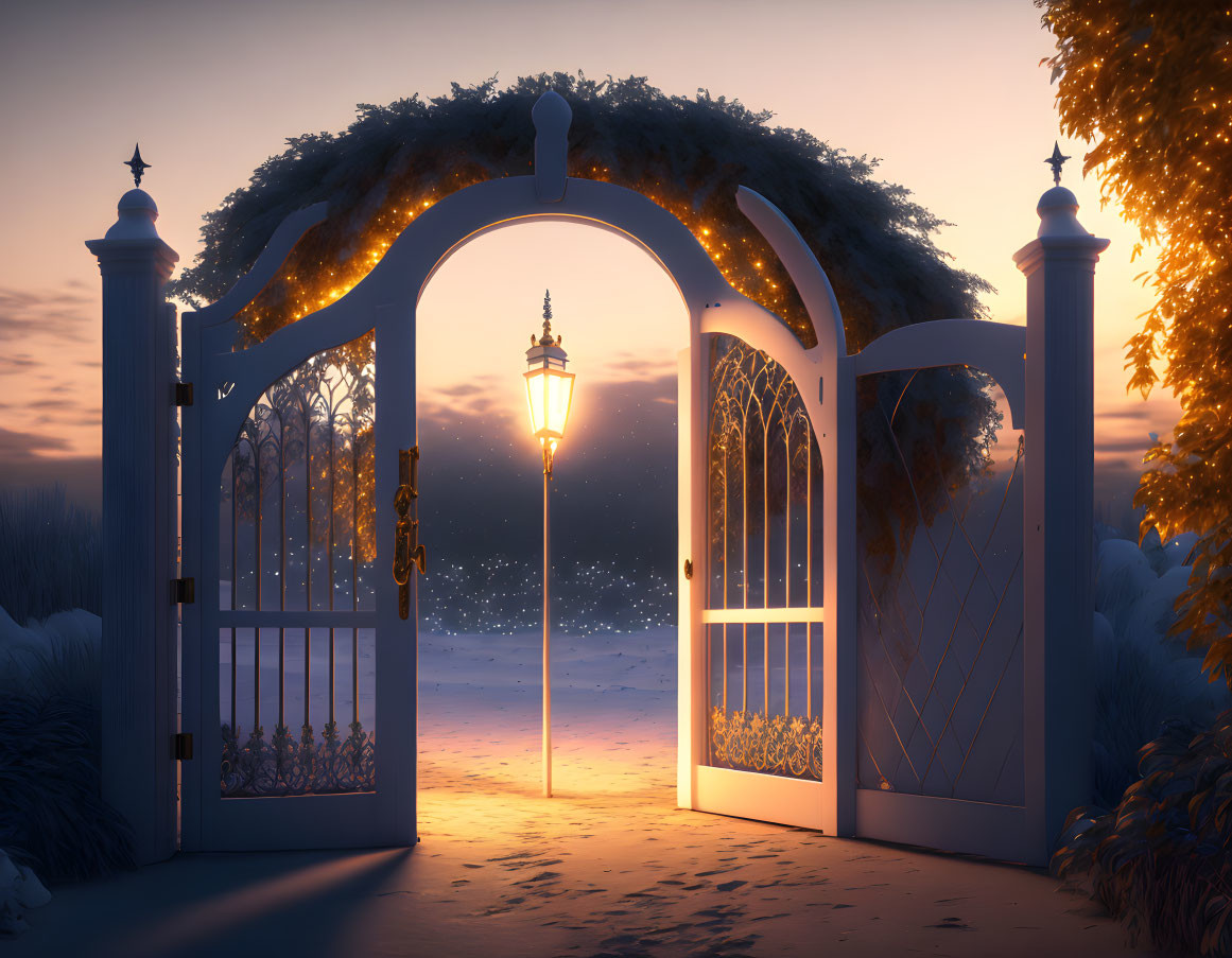 Snow-covered path under glowing street lamp by ornate gate at dusk or dawn