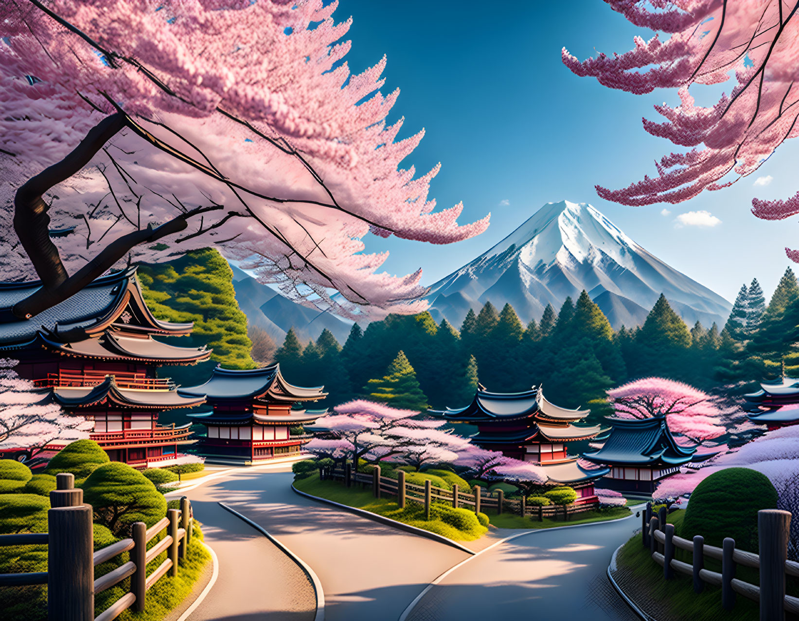 Traditional Japanese temple with cherry blossoms and Mount Fuji.