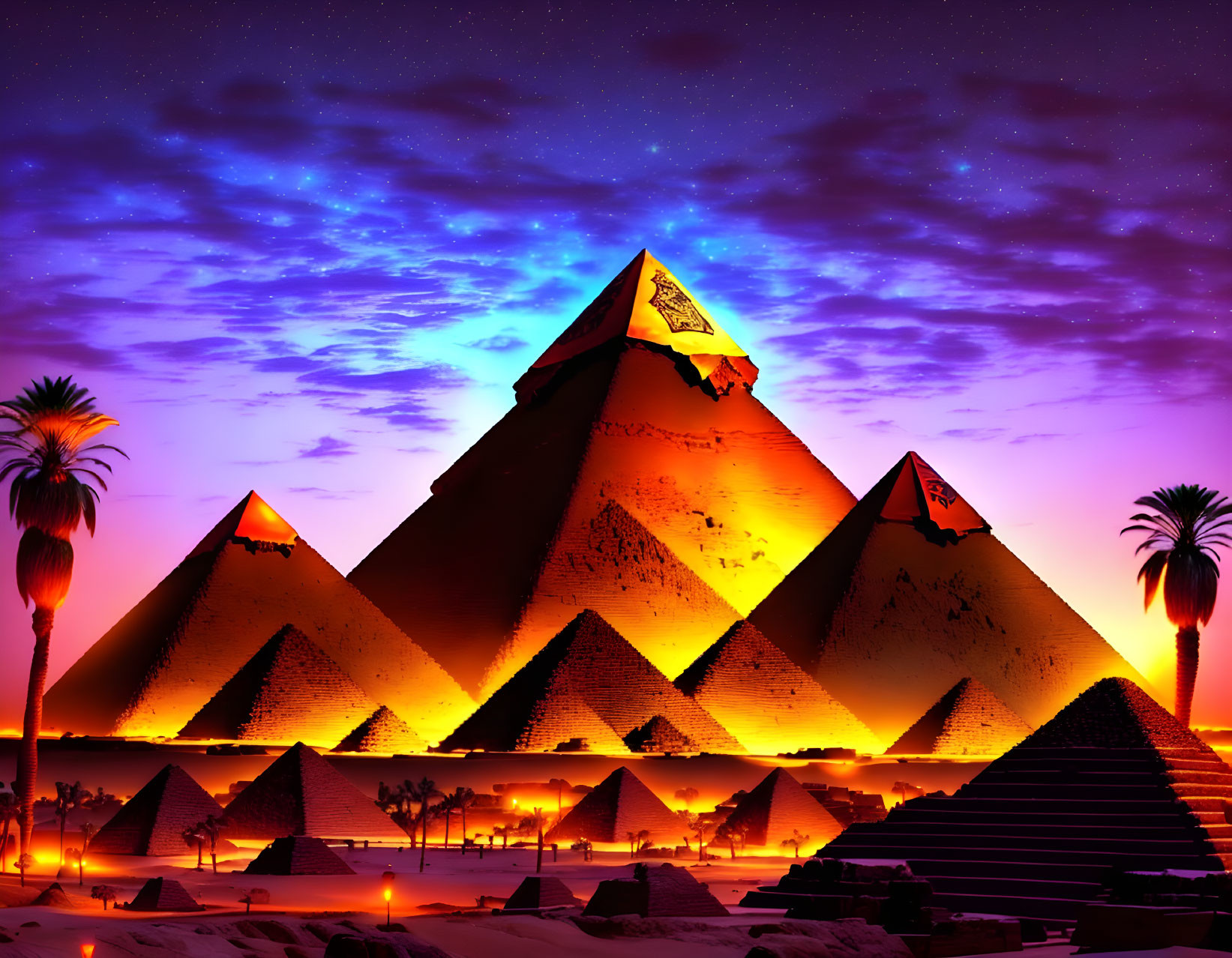 Ancient Pyramids of Giza at Night with Sunset Sky