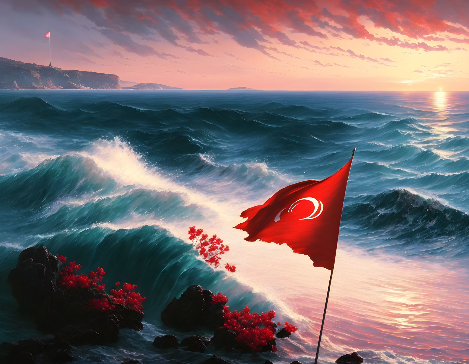 Turkish flag on rocky coast with red flowers, dramatic waves, sunset sky