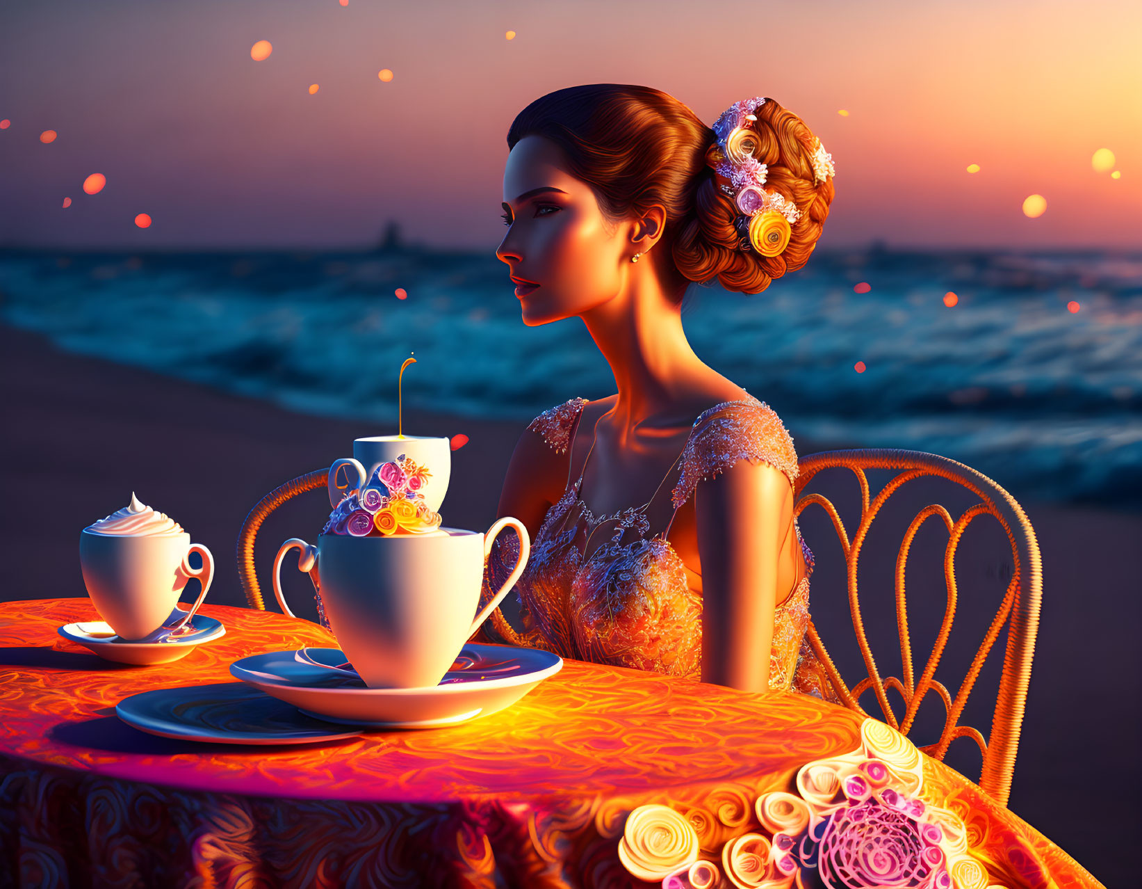 Woman in ornate dress at beachside table watching floating lanterns at sunset