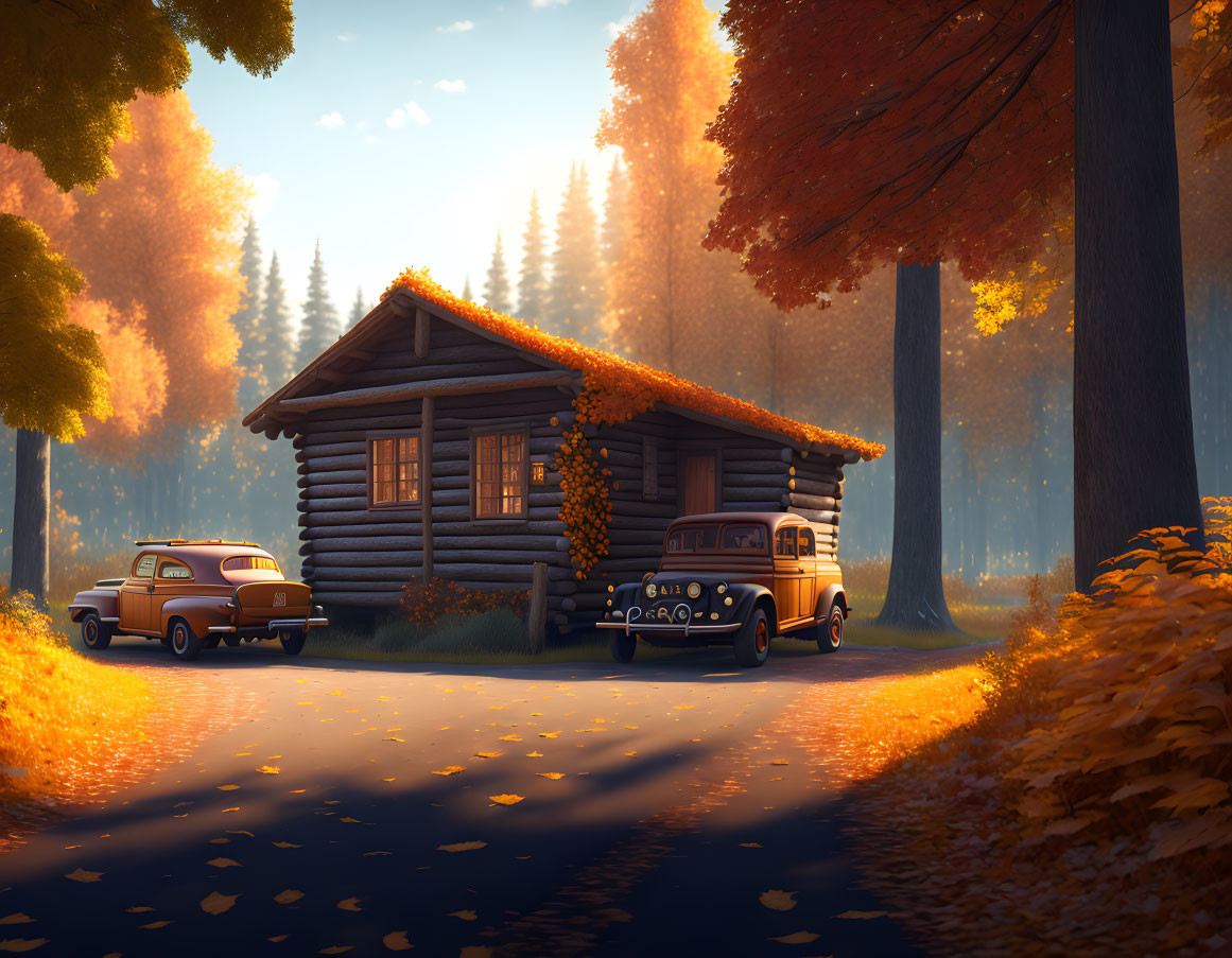 Cozy autumn cabin with vintage car and bus in warm sunset light