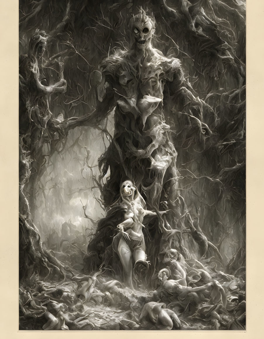 Monochromatic fantasy artwork: Tree-like creature with humanoid face cradling smaller figure among intricate roots