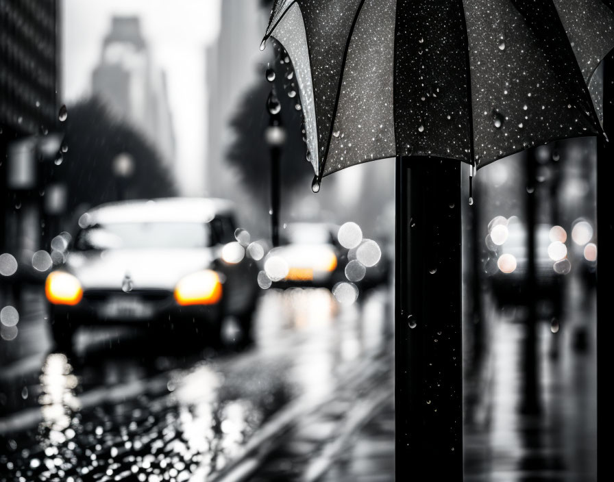 Monochrome city street scene with focused umbrella and raindrops