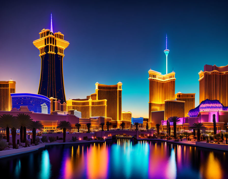 Vibrant Las Vegas Strip with Illuminated Casinos Reflecting on Water