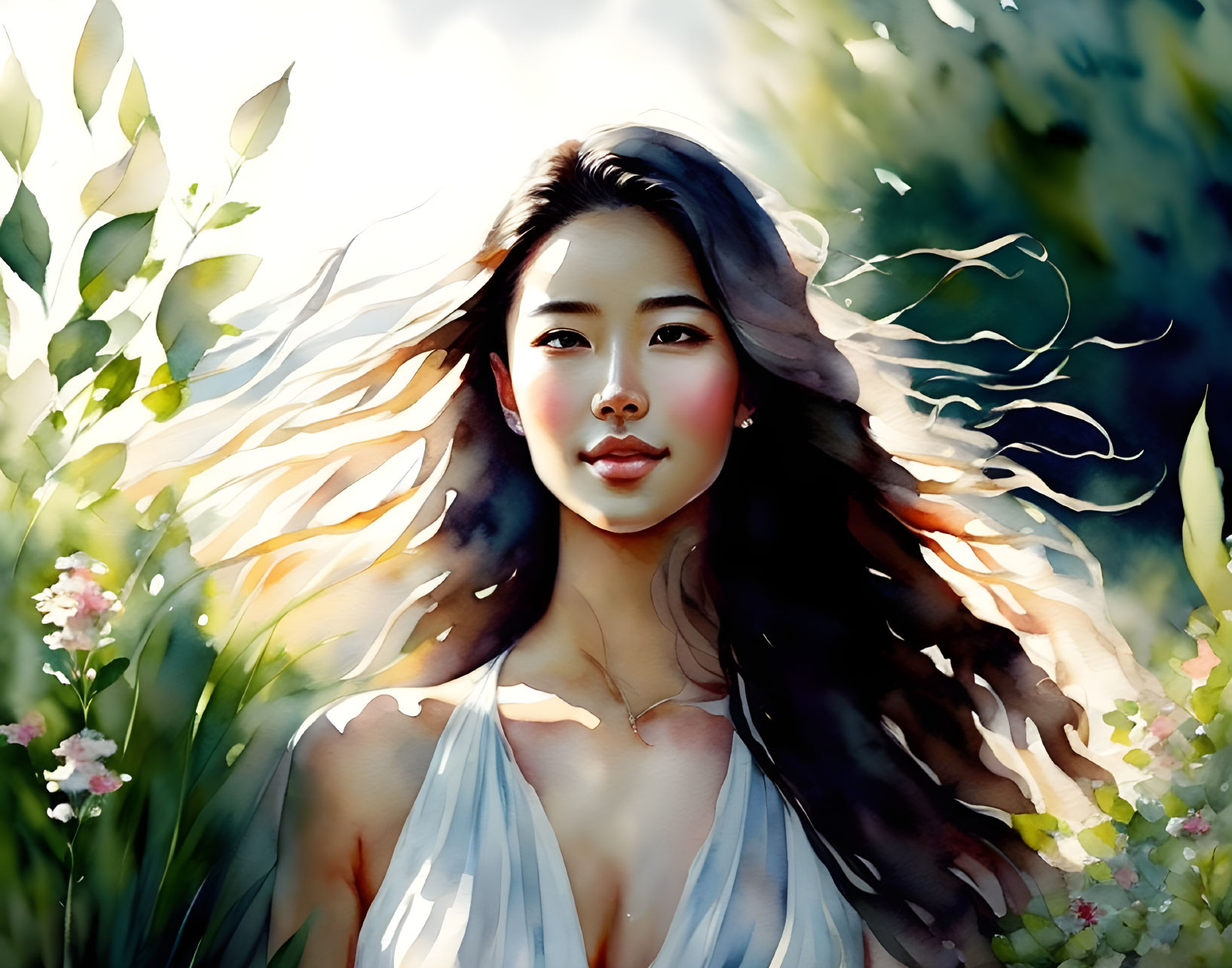 Woman in Nature Digital Painting with Sunlight and Flowing Hair