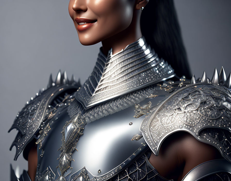 Detailed Close-Up of Person in Ornate Metallic Armor Smiling