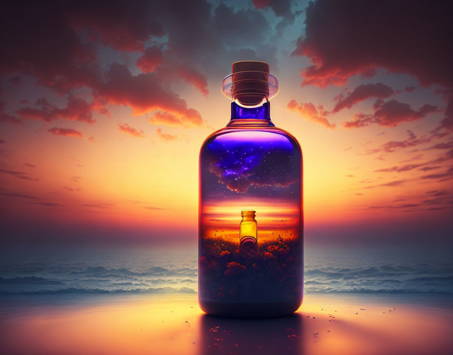 Starry Night Scene with Sunset Reflection in Bottle