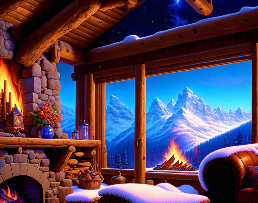 Warm Cabin Interior with Fireplace, Seating, Snowy Mountain View at Dusk