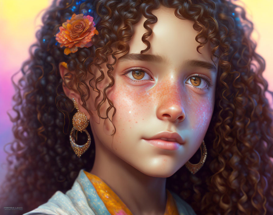 Young girl digital portrait with curly hair, freckles, captivating eyes, flower, and intricate earrings