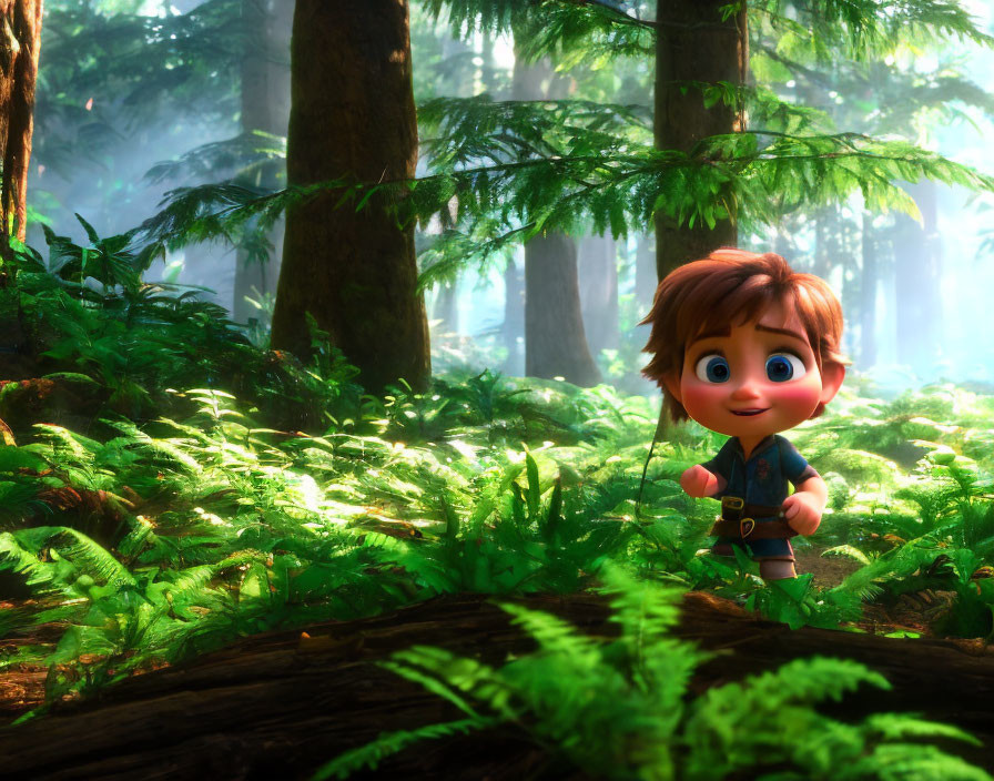 Young boy with backpack in sunny forest among tall trees and green ferns