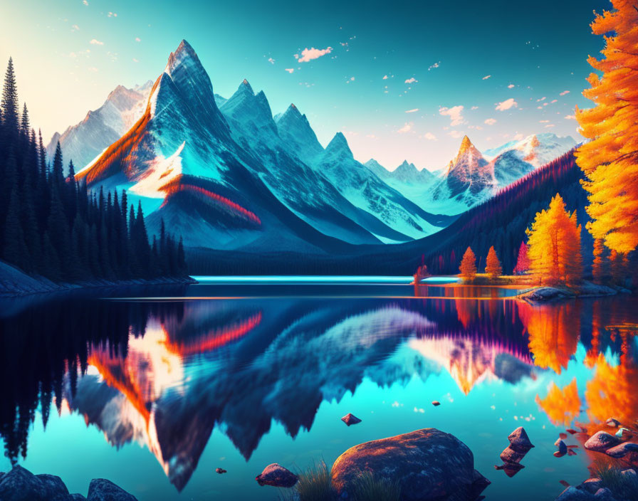 Tranquil landscape: reflective lake, mountains, autumn trees, twilight sky