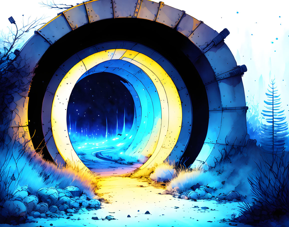 Illustration of mystical tunnel opening to starry night with blue foliage.