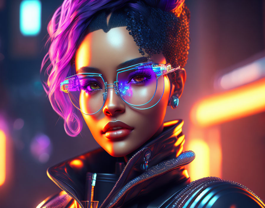 Digital artwork: Woman with purple hair and neon glasses in city nightscape