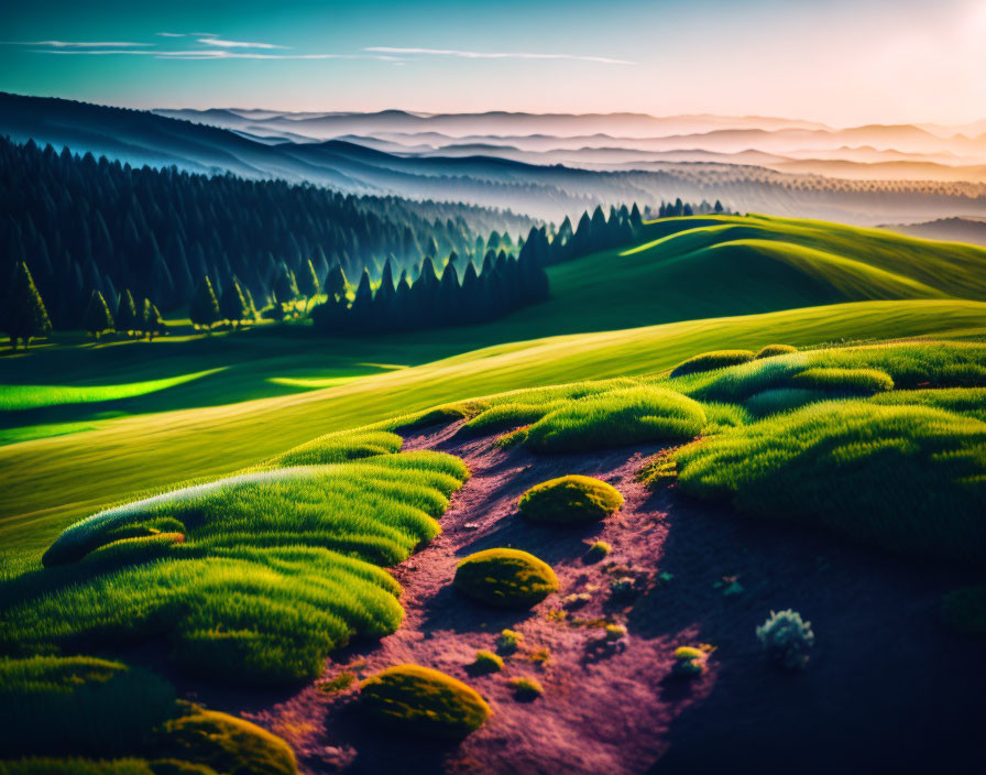 Scenic sunrise over lush green hills and distant mountains.