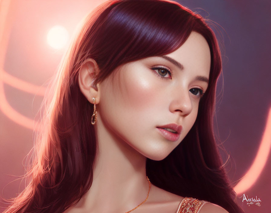 Young woman with auburn hair and gold jewelry in soft glow portrait