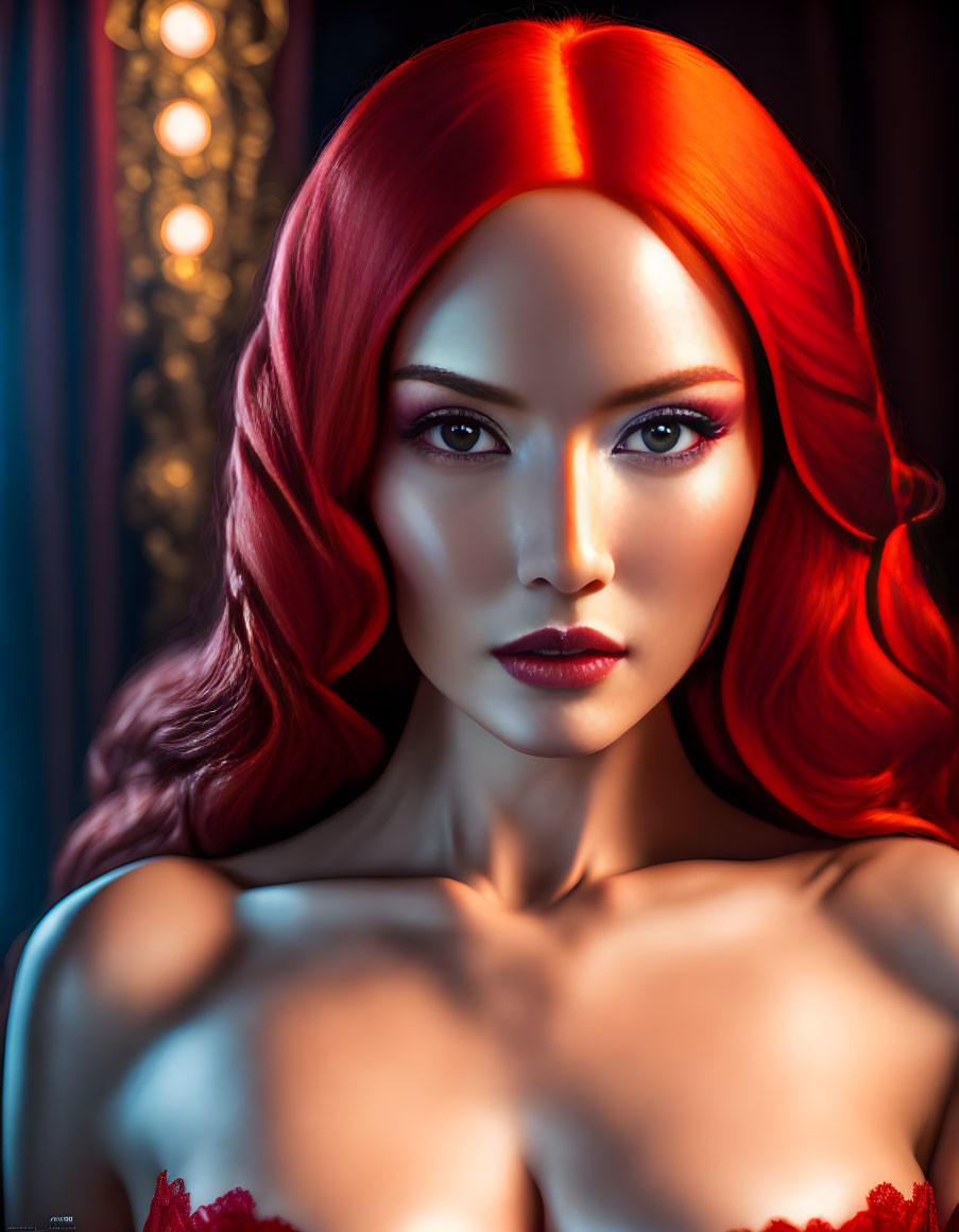 Vibrant woman with red hair and bold makeup in dimly lit setting.