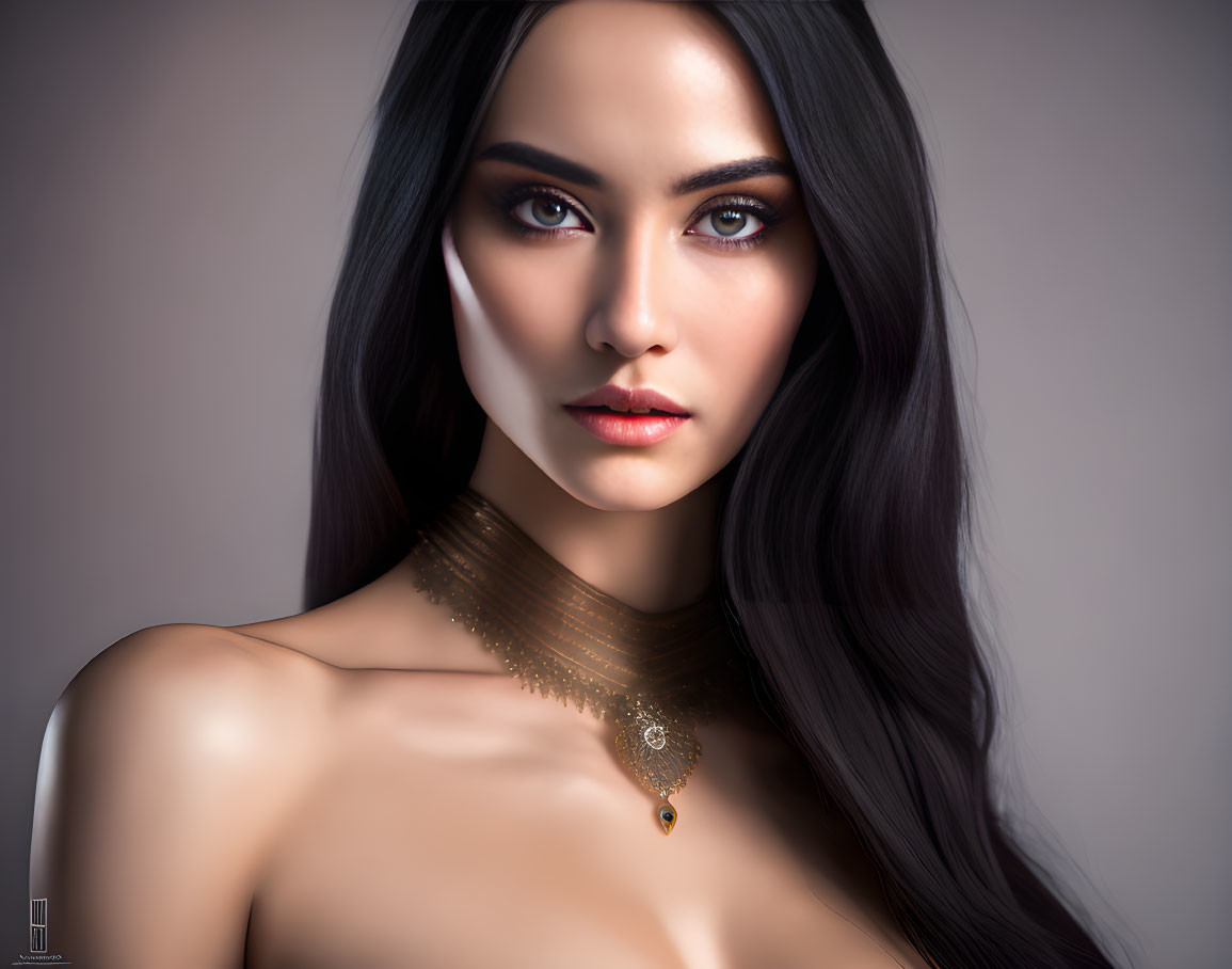 Portrait of Woman with Long Black Hair and Intense Gaze on Neutral Background