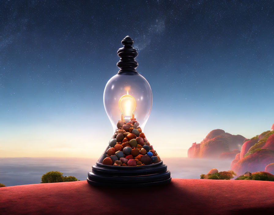 Surreal landscape with large lightbulb and colorful stones on rocky pedestal