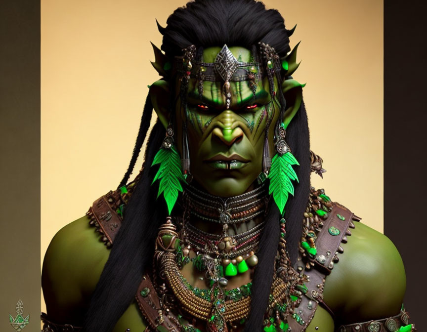 Green-skinned orc with jewelry and feather earrings.