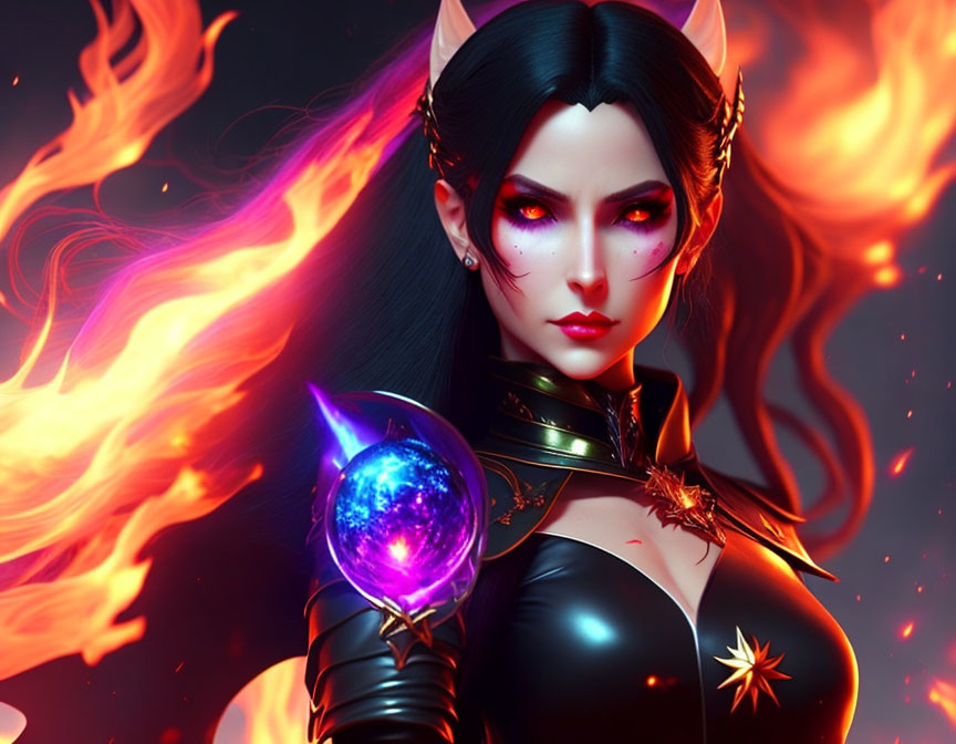 Fantasy female character with elf-like ears, red eyes, dark outfit, holding glowing orb, fiery