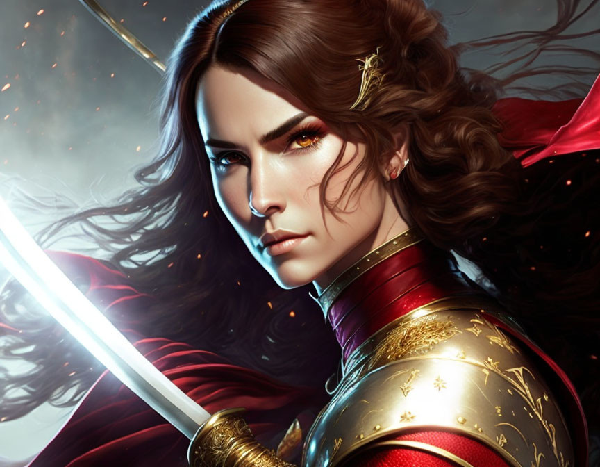 Digital artwork of fierce woman with long dark hair and shining sword in red and gold armor.