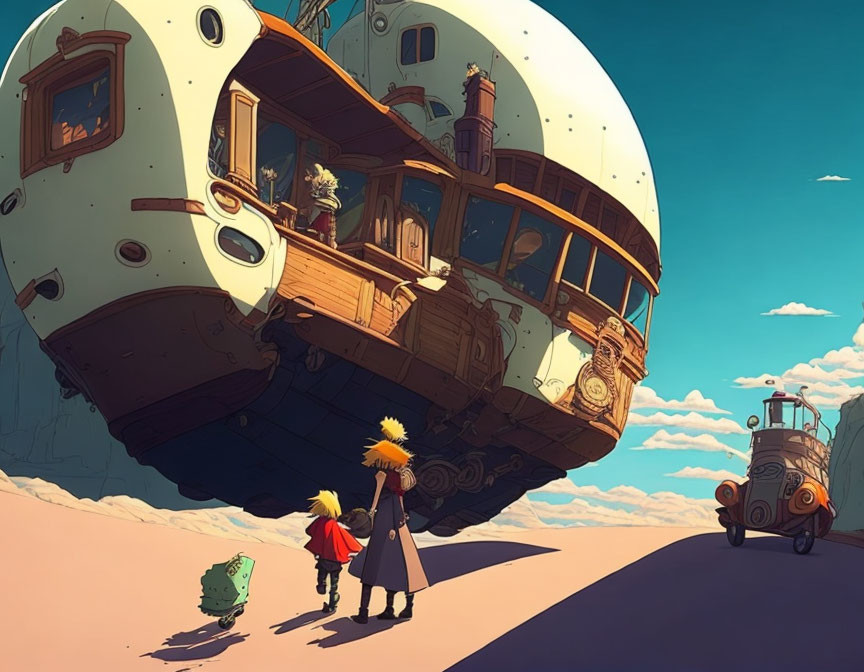 Whimsical desert landscape with airship, anime characters, and quirky vehicle