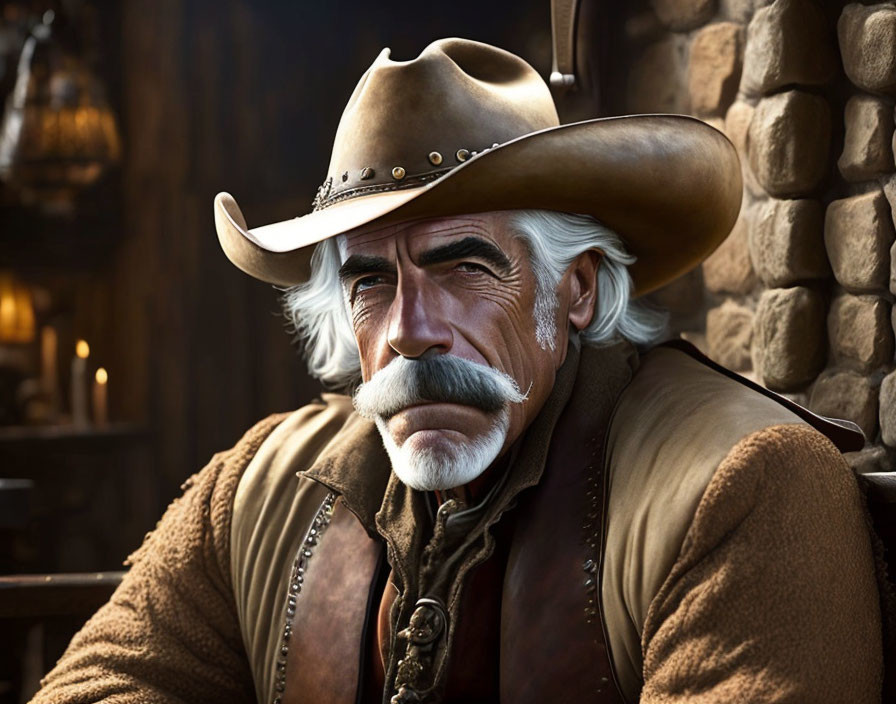 Elderly man with white mustache in cowboy attire and rustic background