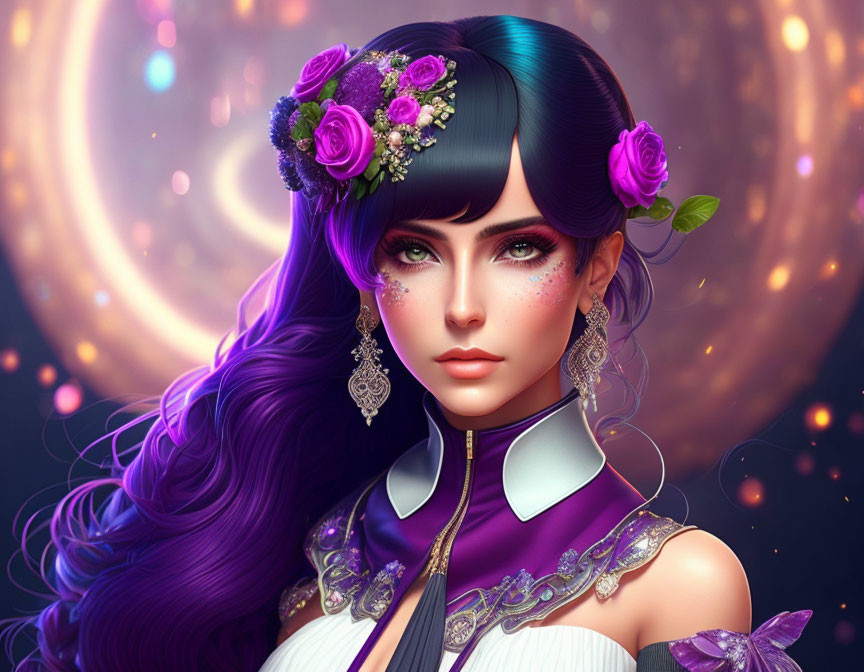 Vivid Purple Hair Woman Artwork with Floral Headpiece