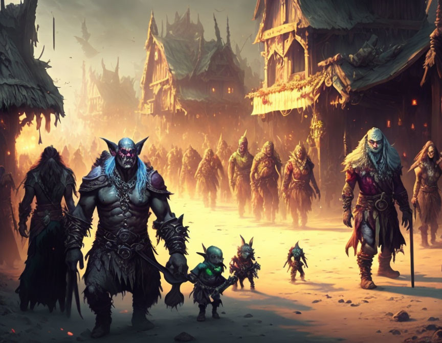 Fantasy scene: Orc-like creatures in village with muscular leader & rustic buildings