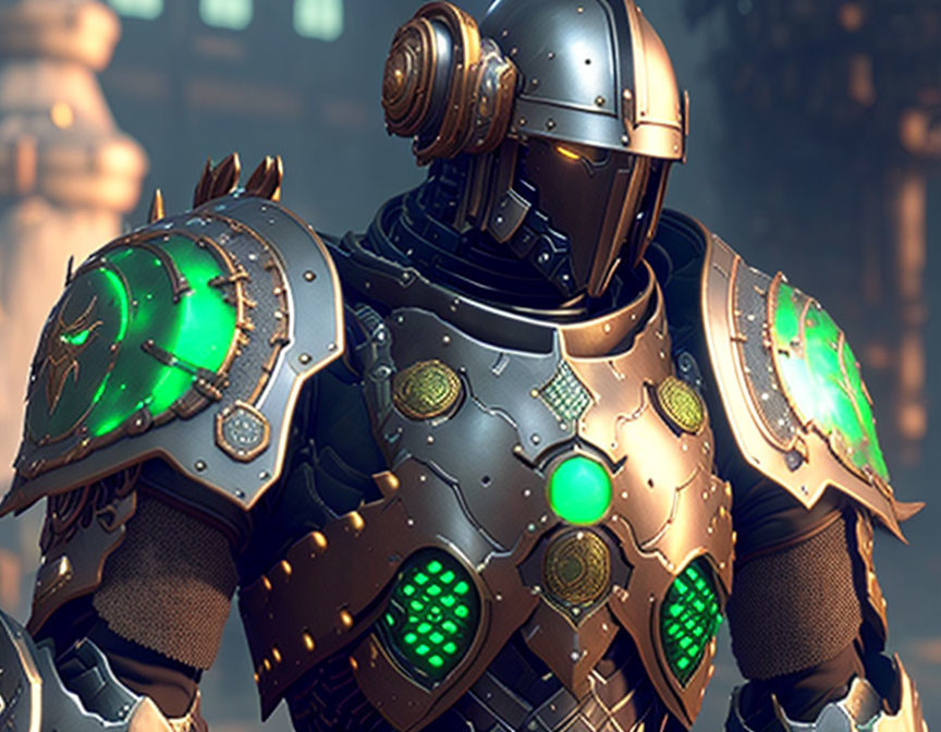 Futuristic knight in high-tech armor with green accents