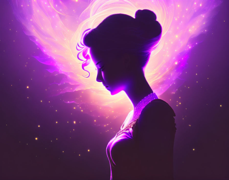 Silhouette of Woman Against Vibrant Cosmic Background