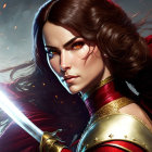 Digital artwork of fierce woman with long dark hair and shining sword in red and gold armor.