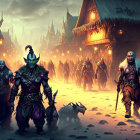 Fantasy scene: Orc-like creatures in village with muscular leader & rustic buildings