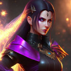 Fantasy female character with elf-like ears, red eyes, dark outfit, holding glowing orb, fiery