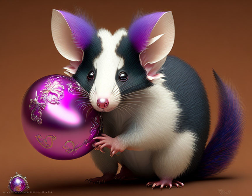 Colorful Possum Artwork with Patterned Purple Ornament