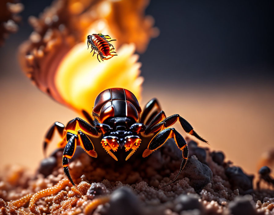 Vividly colored insect in dramatic pose against fiery backdrop