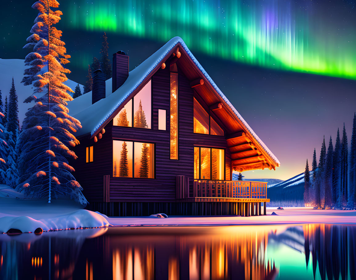 Nighttime Wooden Cabin with Aurora Borealis over Icy Lake