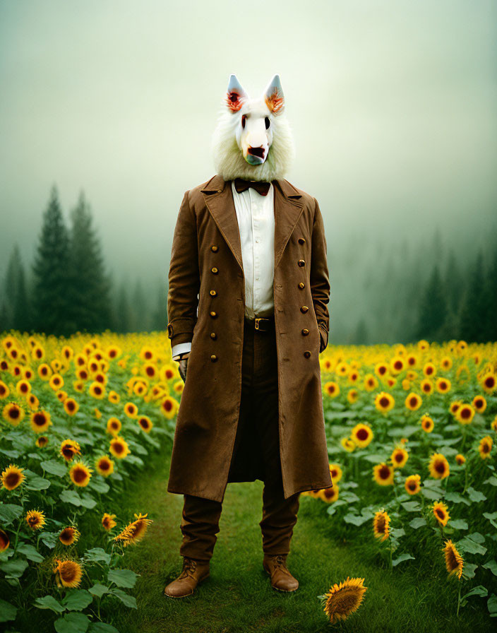 Person in Brown Coat with Wolf Mask in Sunflower Field and Forest Background