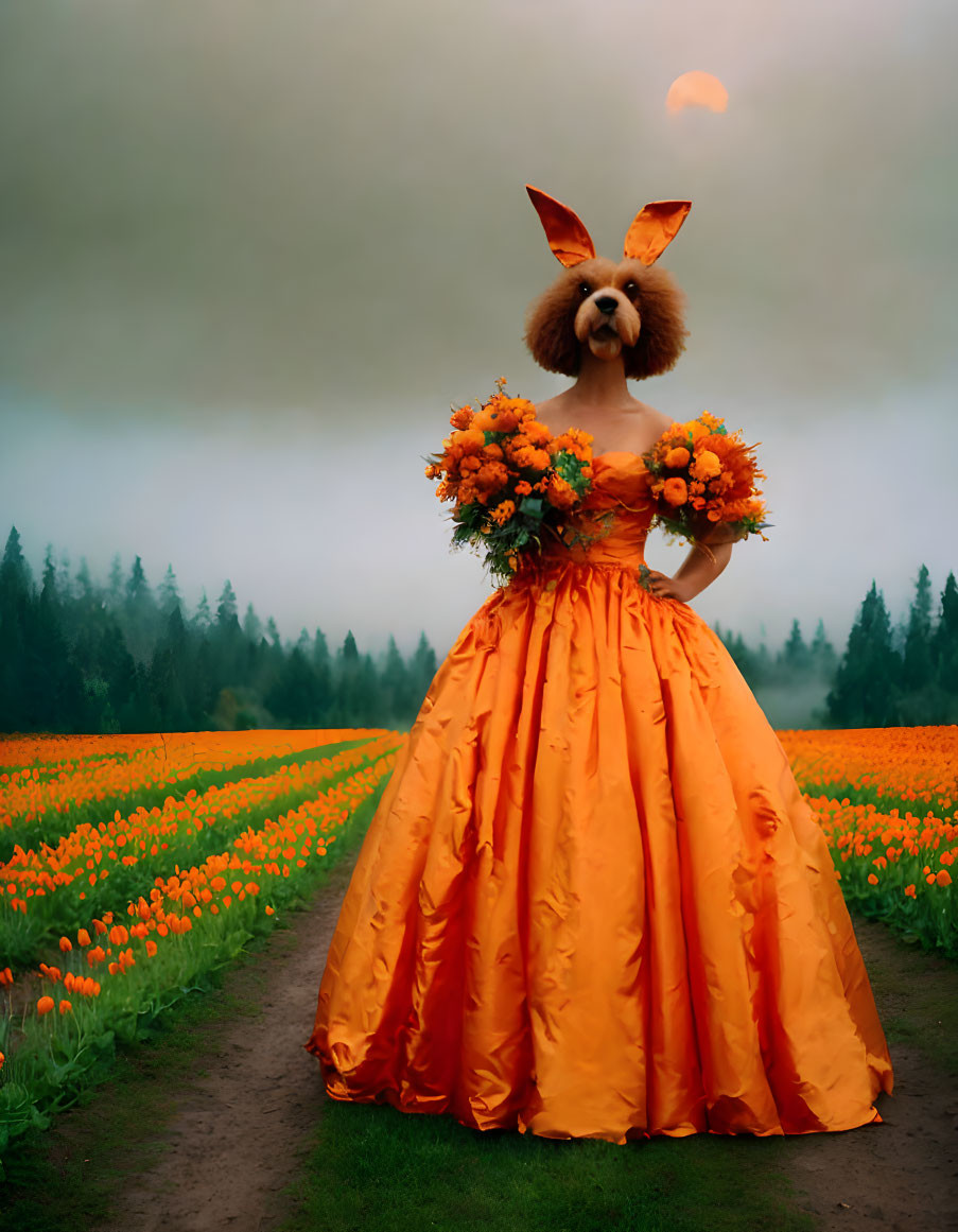 Person in orange dress with flower in tulip field under moonlit sky