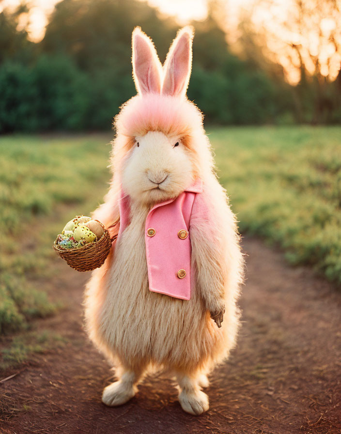 Pink-eared rabbit in jacket with Easter eggs in sunny field