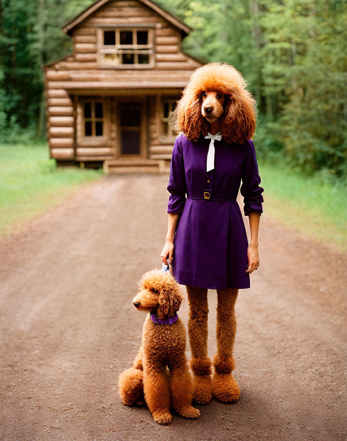 Purple dress woman with poodle illusion near real poodle by log cabin