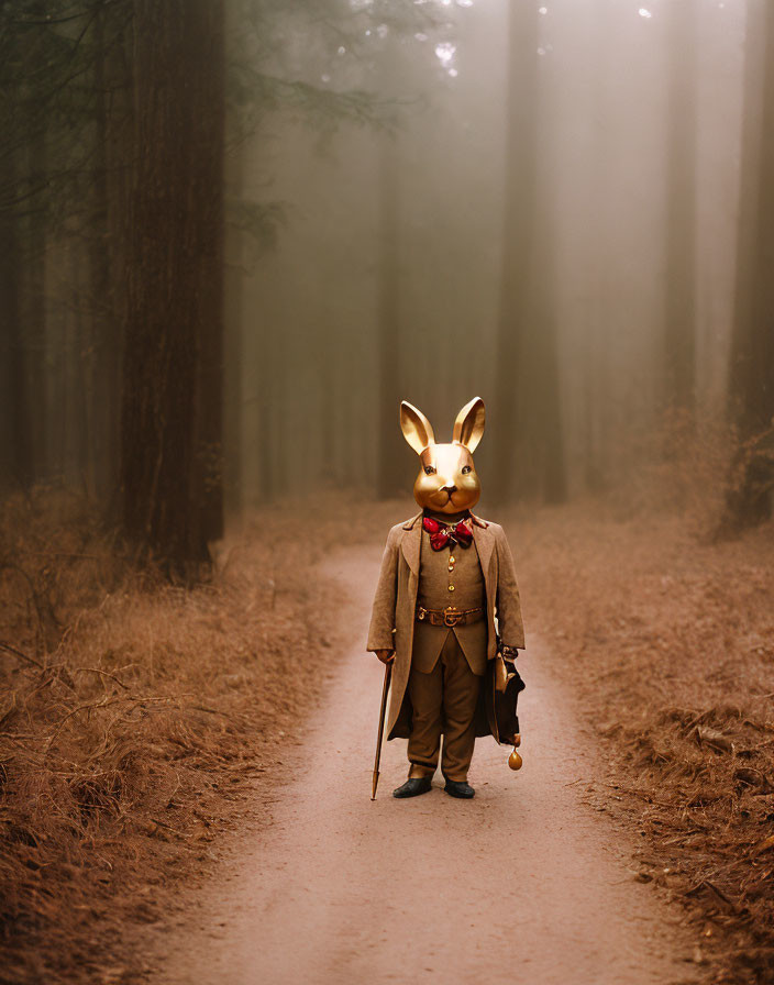 Person in Suit with Rabbit Head Mask on Foggy Forest Path