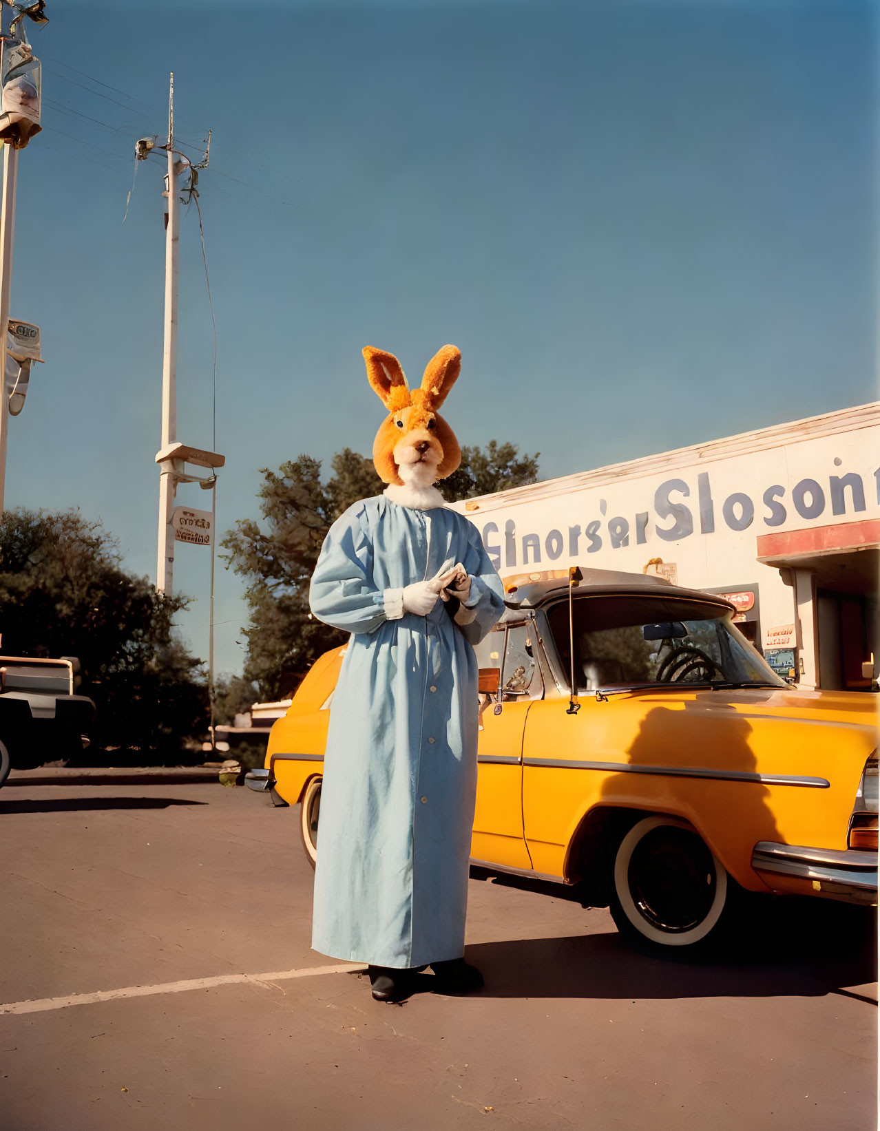 Person in Rabbit Costume in Sunny Parking Lot with Vintage Cars and "SchorschSlo" Sign